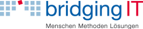 Logo of 'bridging IT' featuring blue text with a red accent, accompanied by a tagline indicating it as a Microsoft Gold Partner.