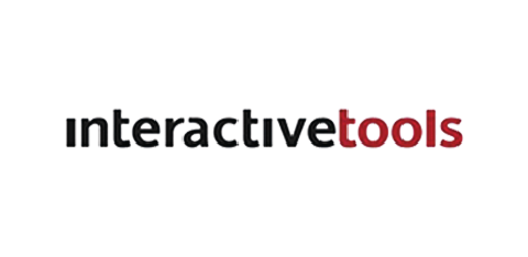 The image features the text 'interactive tools,' with 'interactive' in black and 'tools' in red, set against a white background.
