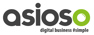 Logo featuring the word 'asioso' in dark gray, with a green circle and the tagline 'digital business #simple' below.