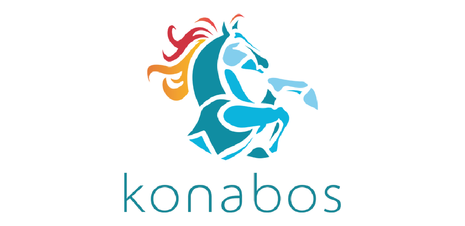 A stylized blue horse head with colorful mane above the word 'konabos' in a modern font.