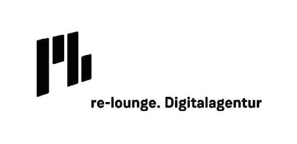 A logo featuring stylized black bars and the text 're-lounge. Digitalagentur' in bold, modern font.