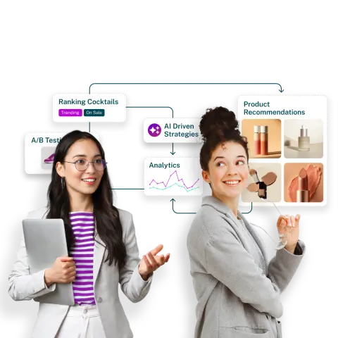 Two women discuss marketing strategies, with graphics showing analytics, product recommendations, and A/B testing.