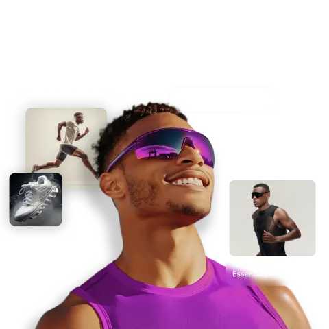 A smiling man in sunglasses wears a purple athletic shirt, with images of running shoes and athletes in the background.