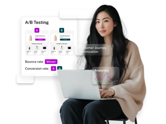 A woman with long hair sits at a laptop, analyzing A/B testing results for skincare products and customer journey optimization.